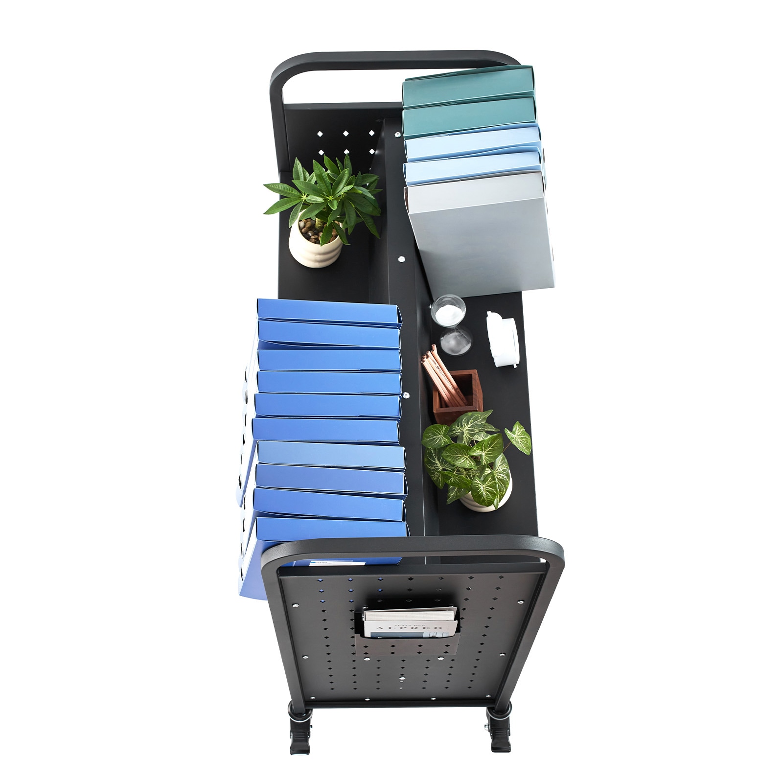 3-tier Rolling Book Cart Double Sided W-shaped Shelving Unit Black_voghion.com